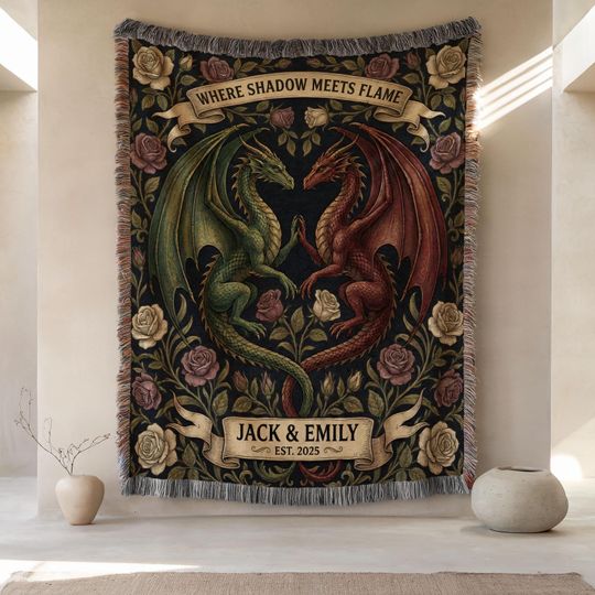 Discover Personalized Dragon Couple Blanket | Custom Fantasy Tapestry for Anniversary | Romantic Gothic Gift | Yin Yang Floral Dragon Woven Blanket