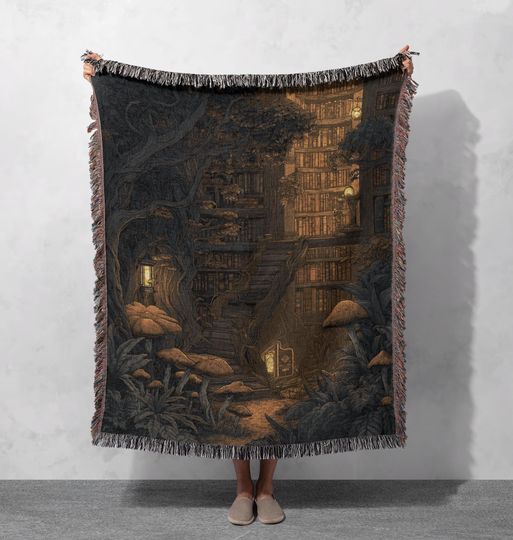 Discover Enchanted Library Woven Blanket , Fantasy Forest Tapestry Throw, Magical Reading Nook Art, Book Lover Gift, Whimsical Academia.
