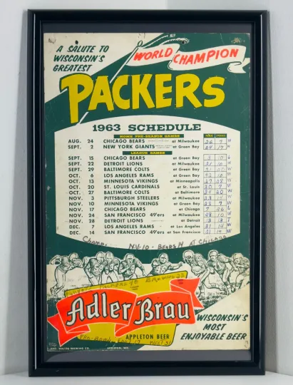 1963 World Champion Green Bay Packers Schedule Adler Brau 11-2-1 Pre Super Bowl