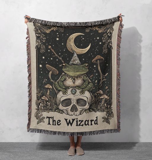 Discover The Wizard Frog Woven Blanket  - Enchanting Frog Wizard and Skull Art Throw for Magical Home Decor, Cottagecore Tapestry