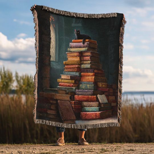 Discover Lord Of The Books Woven Blanket, Medieval Black Cat Tapestry, High Fantasy Goblincore Throw