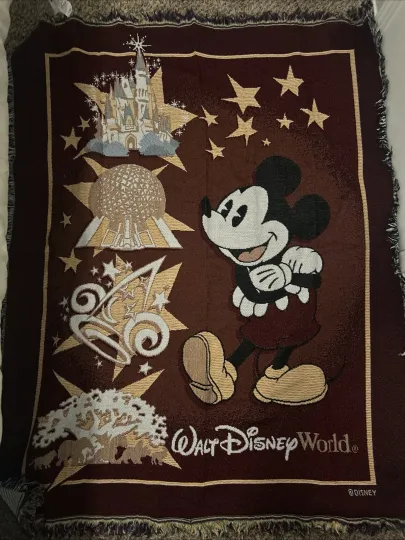 Discover VTG 90s Walt Disney World Tapestry Woven Throw Blanket Red Gold Mickey Mouse USA