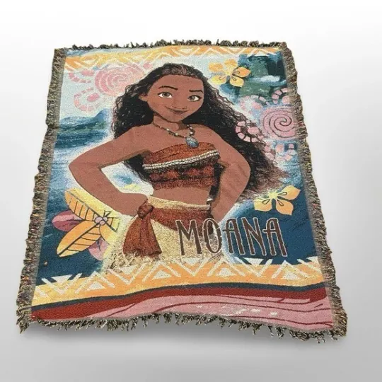 Discover Disney Moana Woven Throw Blanket Fringed Beach Tropical Kids Room Decor cottage