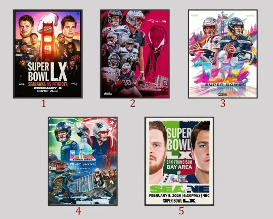 Discover Seattle Seahawks vs New England Patriots football Super Bowl LX 2025-26 Poster