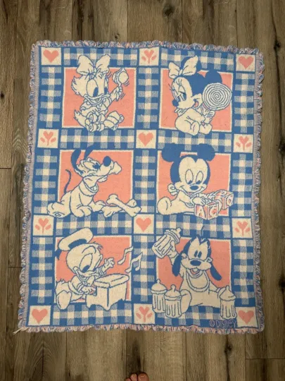 Discover Vintage Disney Avon Baby Blanket Minnie Mickey Donald Woven Knit Pastel Pink & B