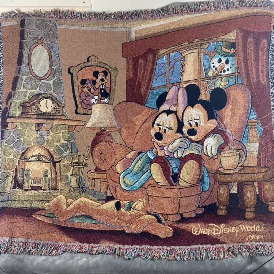 Discover Disney World Woven Tapestry Throw Blanket 60 x 50 Mickey Minnie Pluto Fireplace