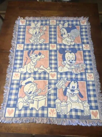 Discover Disney Vintage Woven Knit Baby Blanket Mickey Mouse Minnie Donald Duck Pluto EUC
