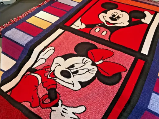 Discover Disney Woven TAPESTRY THROW BLANKET Mickey Minnie MADE IN USA 1997 54x60 Fringe