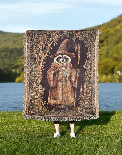 Discover Wizard Raccoon Woven Blanket, Raccoon Lover Medieval Woven Throw, Magical Fantasy Home Decor Tapestry