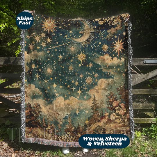 Discover Crescent Moon & Stars Woodland Scene Woven Blanket, Mystical Fairytale Forestcore Decor, Mythical Celestial Lunar Wall Hanging Tapestry