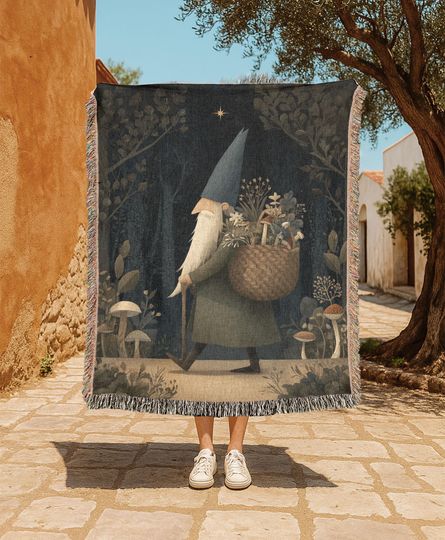 Discover Whimsical Forest Wizard 100% Cotton Woven Blanket, Magical Gnome Throw Blanket, Enchanted Nature Lover Blanket, Fantasy Art Cozy Blanket.