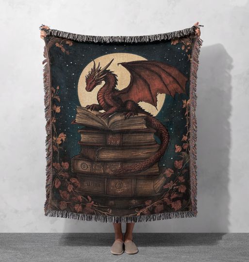 Discover 100% Cotton Red Dragon Woven Blanket, Fantasy Books Tapestry, Gothic Library Decor