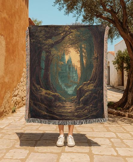 Discover Fantasy Reader Gift 100% Cotton Woven Blanket, Fairytale Castle Woven Throw, Gift For Gamer Friend Tapestry Blanket, Dark Academia Decor