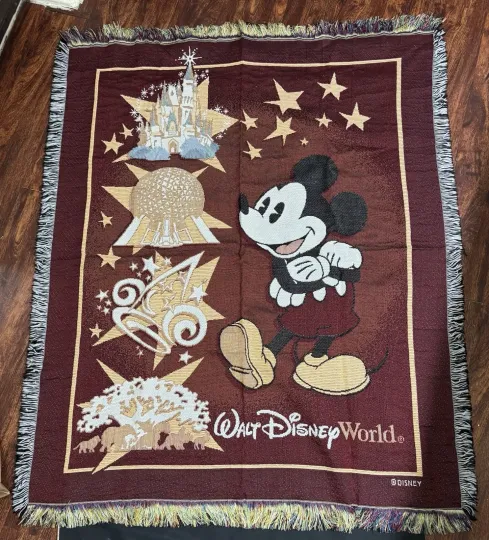 Discover Disney 4 parks Tapestry Woven Throw Blanket, Fringe Borders, Mickey Mouse, VTG