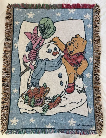 Discover Disney Winnie The Pooh Piglet & Snowman Tapestry Woven Soft Baby Blanket 47”x35”