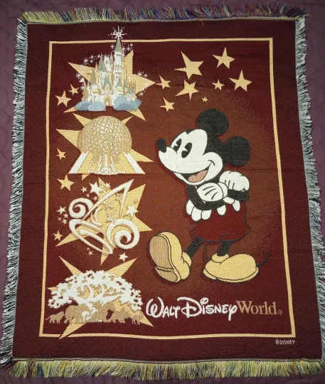 Discover Disney 4 parks Tapestry Woven Throw Blanket, Fringe Borders, Mickey Mouse, VTG