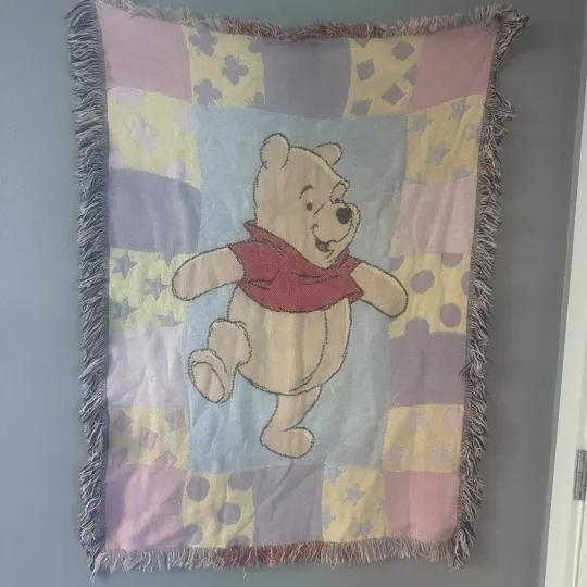 Discover Winnie The Pooh Tapestry Woven Blanket VTG DISNEY Baby Throw Fringe Pink Purple