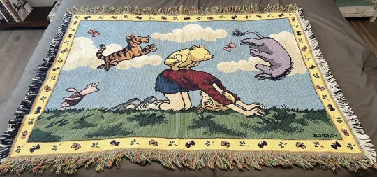 Discover Disney Classic Pooh Vintage Woven Tapestry Blanket Throw Wall Hanging Fringed