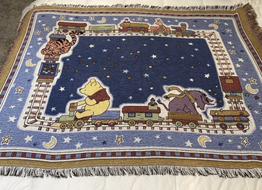 Discover Disney Baby Blanket Train Classic Pooh Tapestry Woven Throw Fringe VINTAGE