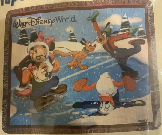 Discover Walt Disney World Ice Skating 60x50” Tapestry Woven Throw Blanket Mickey Goofy D