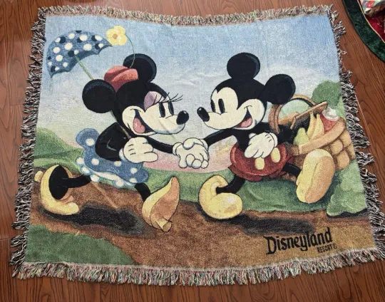 Discover Vintage Mickey Mouse Throw Blanket Fringe Reversible Woven 54 X 44 Inches