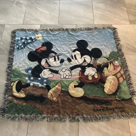 Discover Vintage Mickey Mouse Throw Blanket Fringe Reversible Woven 54 X 44 Inches