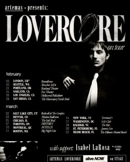 Discover Artemas LOVERCORE Tour 2026 Concert Poster