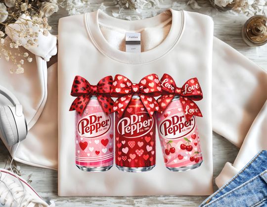Coquette Bow Soda Valentine Sweatshirt, Dr Pepper Lover Gift,  heart, for her, lovers day