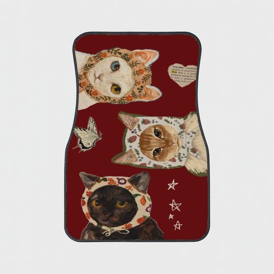 Discover Whimsical Cat Car Floor Mats Vintage Cottagecore Auto Mats Charming Feline Decor Floral Fruit Bonnets Deep Red Durable Non-Skid