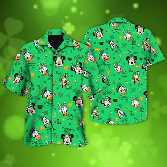 Discover Disney Mickey and Friends Signatures Happy St.Patrick's Day Hawaiian Shirt, Ireland Family Patrick Day Trip Button Tee, Irish Shamrock Shirt