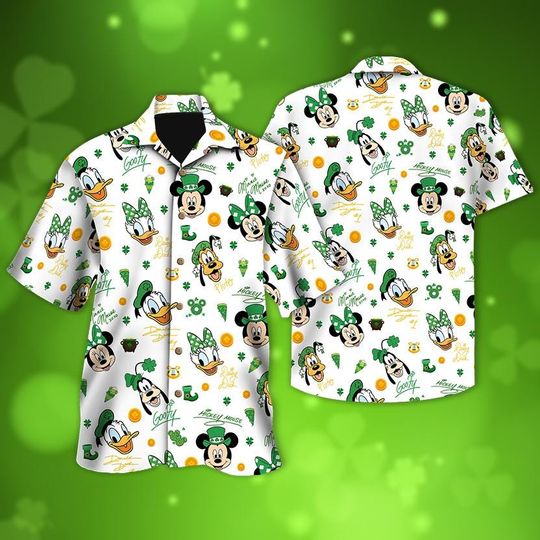 Discover Disney Mickey and Friends Signatures Happy St.Patrick's Day Hawaiian Shirt, Ireland Family Patrick Day Trip Button Tee, Irish People Shirt