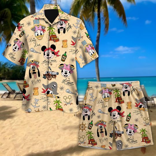 Discover Disney Pirate Mickey & Friends Signature Hawaiian Shirt, Minnie Goofy Donald Daisy Pluto Hawaii Shirt, Pirate Disney Cruise Trip Button Tee