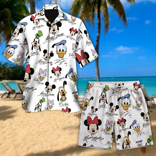 Discover Disney Mickey And Friends Signature Hawaiian Shirt, Colorful Mickey Mouse Donald Duck Goofy Hawaii Tee, Disneyland Summer Trip Button Shirt