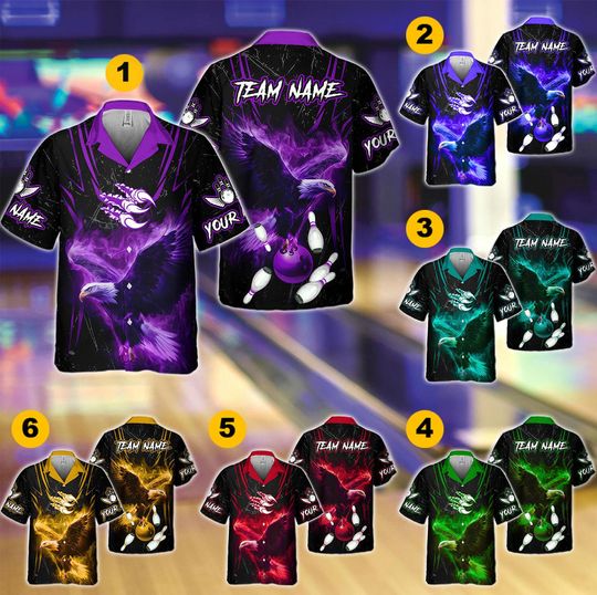 Discover Black and Purple Flame Eagle Hawaiian bowling shirts Custom Team Name Bowling Shirt For Bowlers