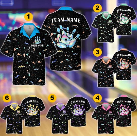 Discover Custom Retro Bowling Shirt, Personalized Name Team, Gradient 80s 90s Aesthetic Hawaiian Shirt, Geometric Bowler Gift League Uniform Shirt