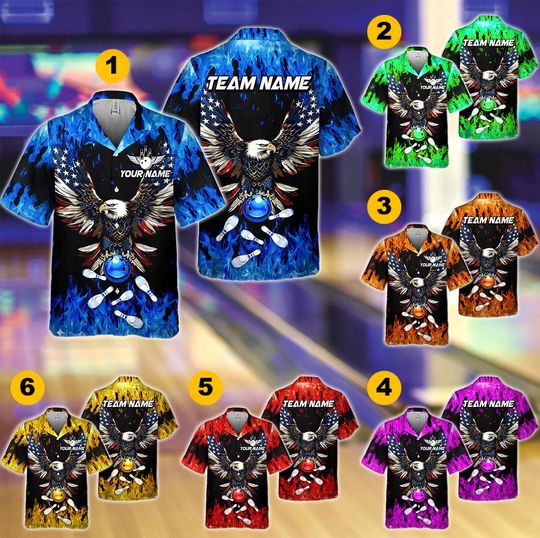 Discover Flame Hawaiian Bowling Shirt, Custom American flag Eagle Team, Custom Name Bowling Shirt, Bowling Hawaiian Shirt, Bowling Party Shirt