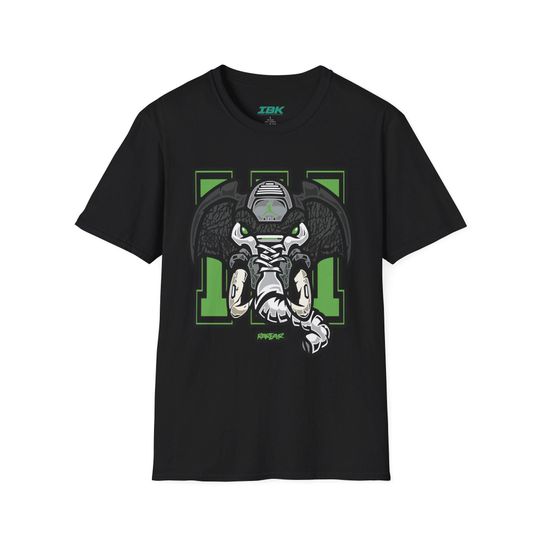 Discover Elephant Mascot T-Shirt, Gothic College Letter H, Green Accents