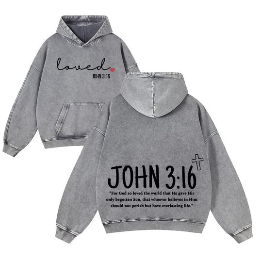 Christian Valentine/Galentine Vintage Washed Hoodie  Loved John 3:16 Faith Graphic