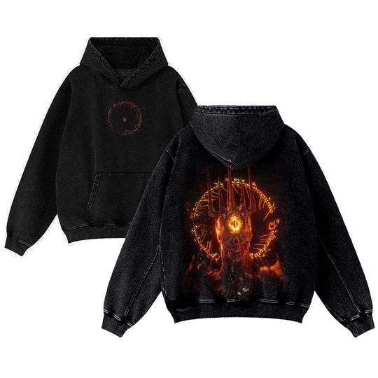 Discover Dark Lord of Middle Earth Vintage Washed Hoodie  Oversized Fantasy Graphic, Gothic Streetwear Unisex