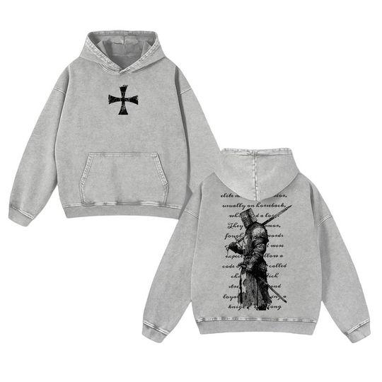 Discover Crusader Knight Vintage Washed Hoodie  Christian Medieval Warrior of Faith & Loyalty Graphic