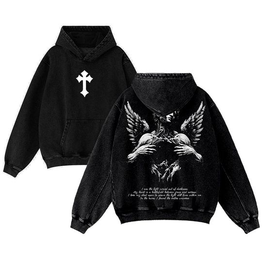 Discover Fallen Angel Vintage Washed Dark Christian Graphic Oversized Hoodie