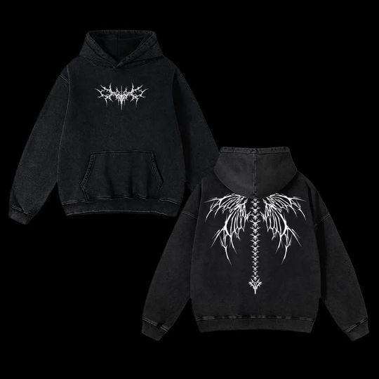 Discover Y2K Gothic Angel Wing Vintage Washed Hoodie Oversized Dark Streetwear