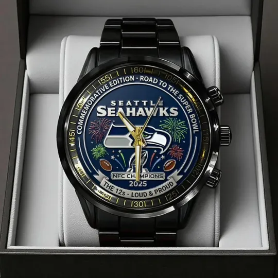 Seahawks 2025 NFC Champions Black Stainless Steel Watch