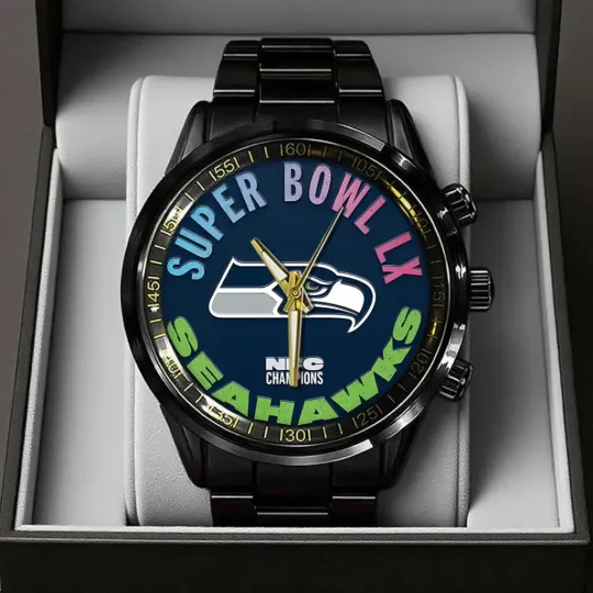 Discover Seahawks 2025 NFC Champions Black Stainless Steel Watch