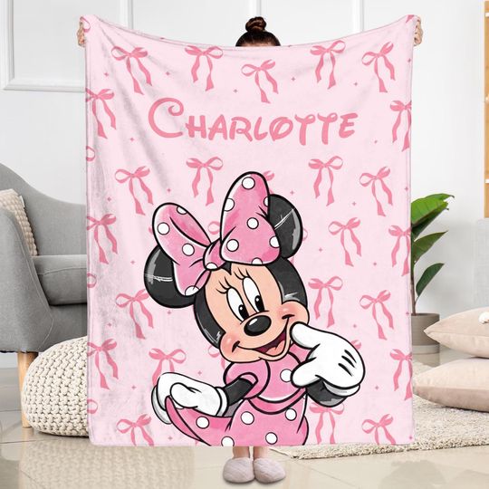 Discover Coquette Minnie Mouse Fleece Blanket, Cute Disney Blanket, Custom Name Minnie Mouse Blanket, Christmas Gifts