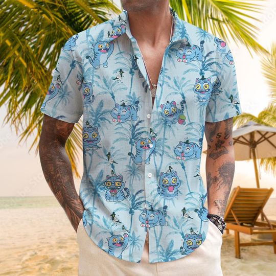 Derpy Tiger Hawaiian Shirt, Cute Anime Button-Up, Funny Summer Beach Shirt, Tropical Vacation Shirt