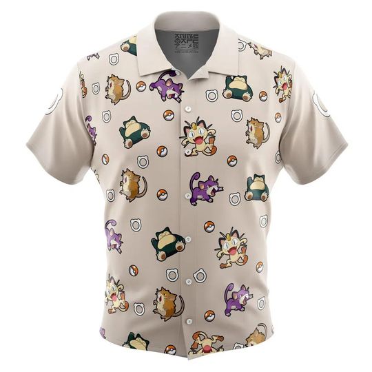 Meowth Pattern PKM Hawaiian Shirt Unisex Summer Beach Casual Button-up Tropical Apparel