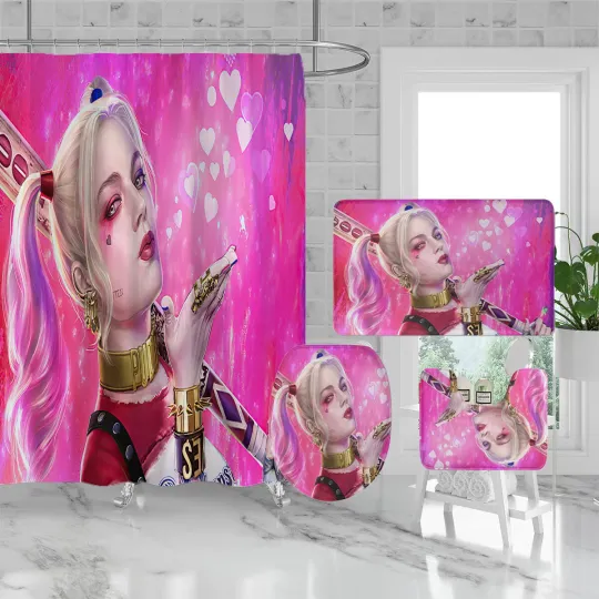 Discover Harley Quinn Bathroom Rug Set Shower Curtain Bath Mat Non-Slip Toilet Lid Cover
