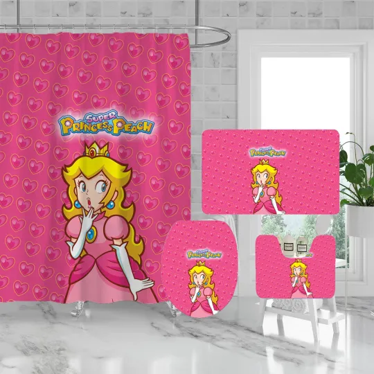Discover Peach Princess Super Mario 4 PCS Bathroom Set with Shower Curtain Set with Rugs