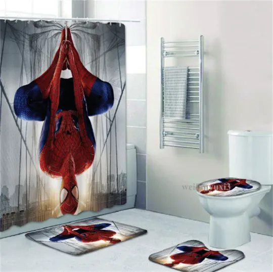 Discover Spiderman 4 PCS Bathroom Set with Shower Curtain Set with Rugs